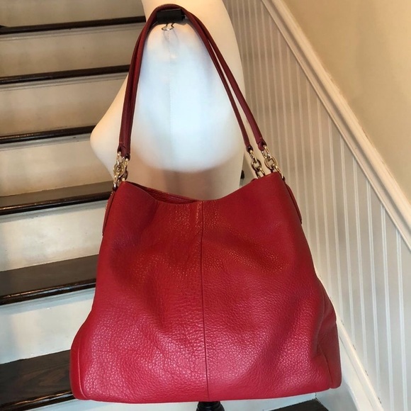 COACH Madison Phoebe Red Lining & Tumbled Red Leather Bag 3 Compartment Interior - Picture 3 of 15